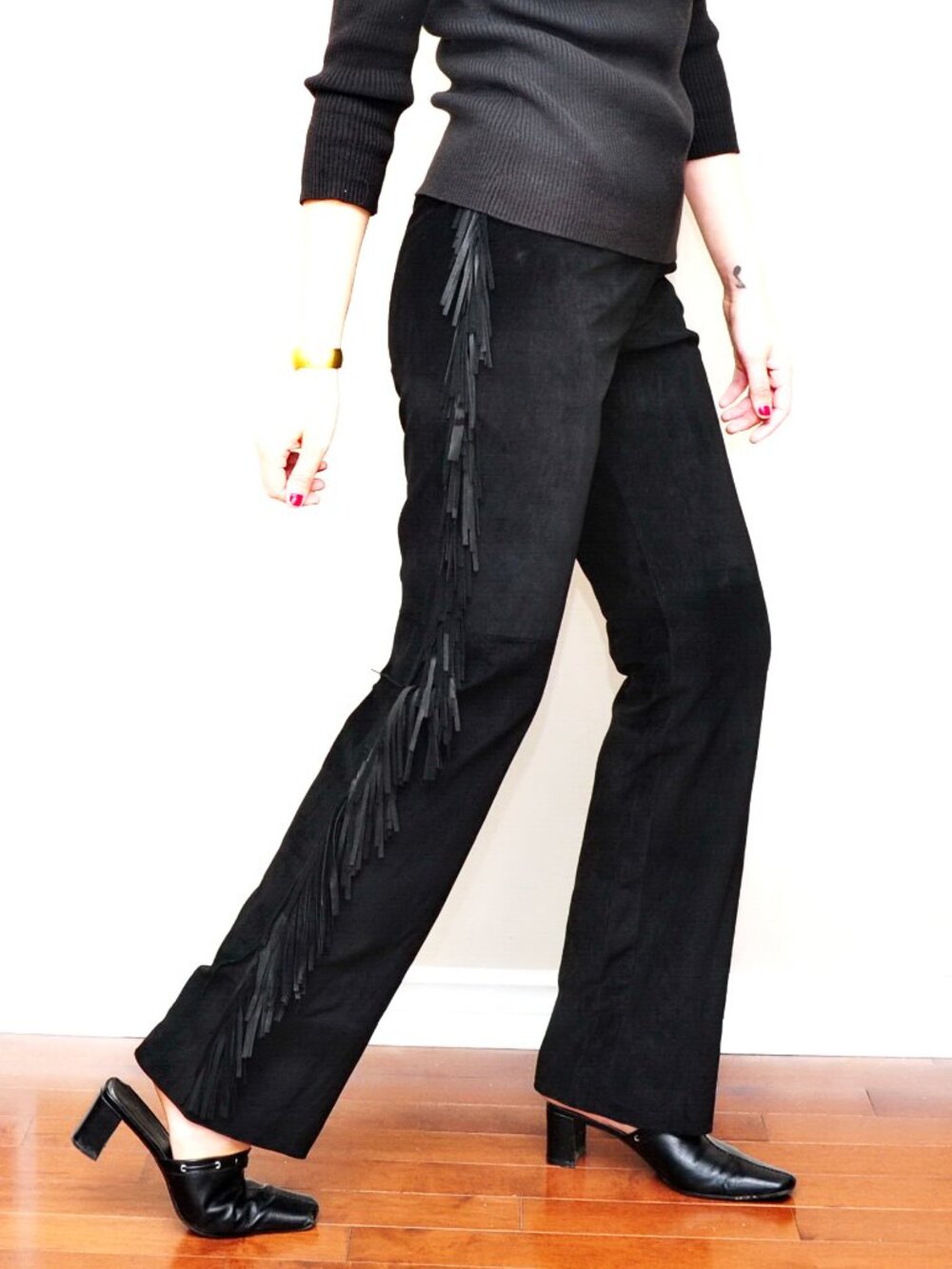 90s Danier Sexy Rocker Black Sueded Pants with Fringe Rock Star Trouser Slacks